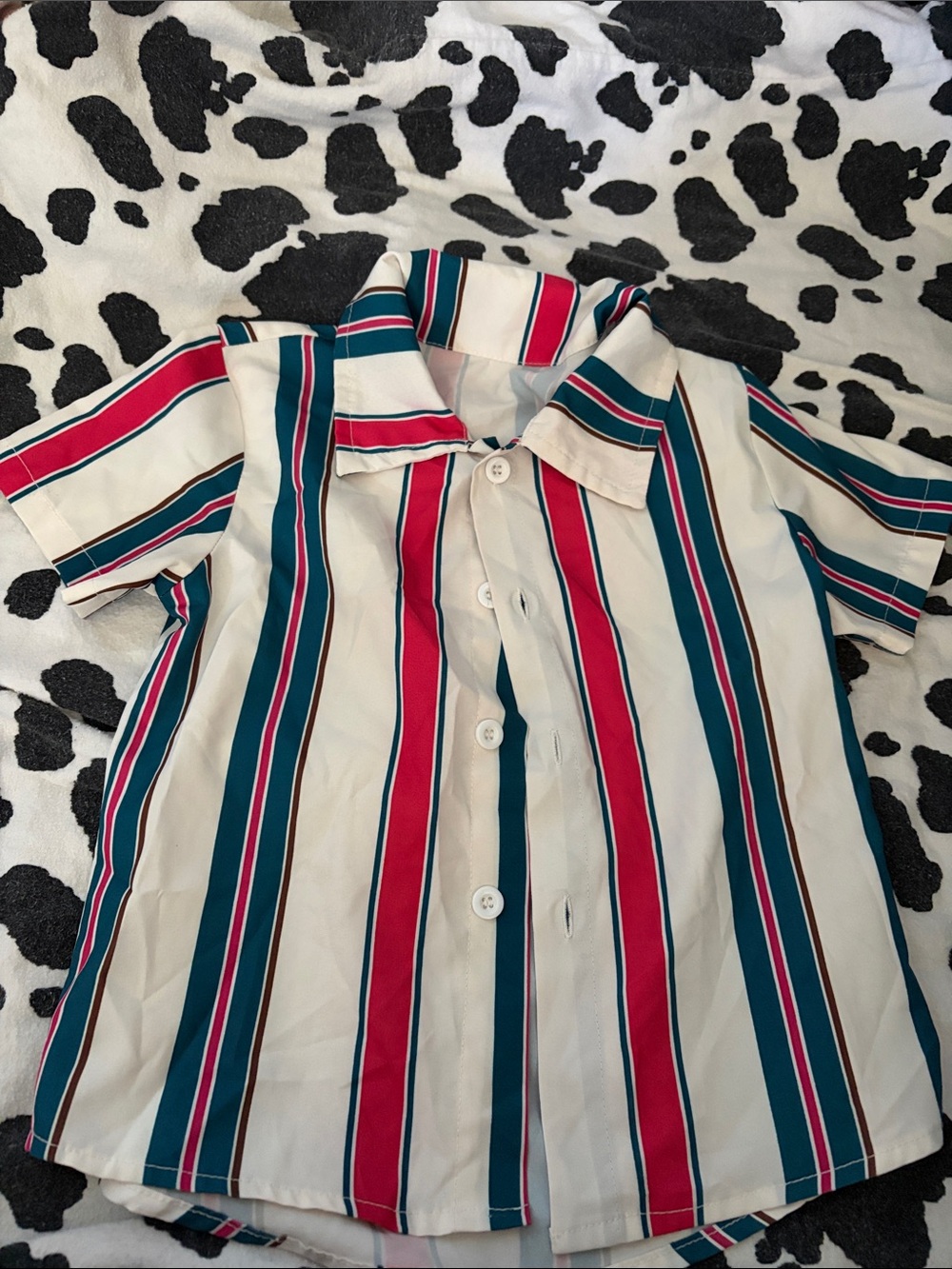 Kids Short-Sleeve Button-Up Shirt in Cream with Teal & Red Stripes